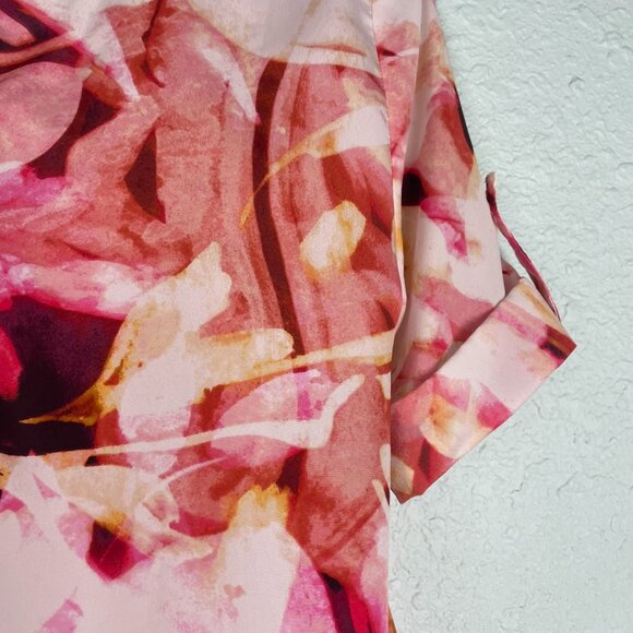 Jennifer Lopez Pink Brown Yellow Floral Short Sleeve Split Back Womens Top M - Picture 6 of 15